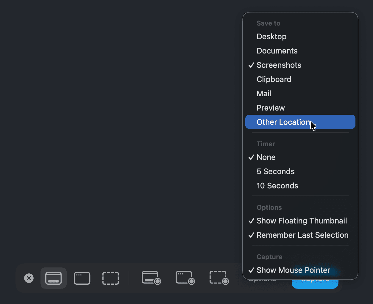 Options menu with save locations