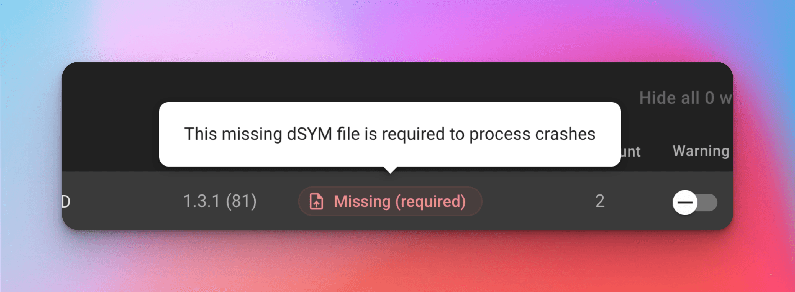 Firebase error screenshot showing no crash reports being received
