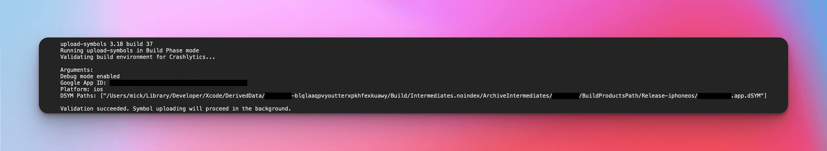 Upload Symbols build phase output with --debug flag enabled