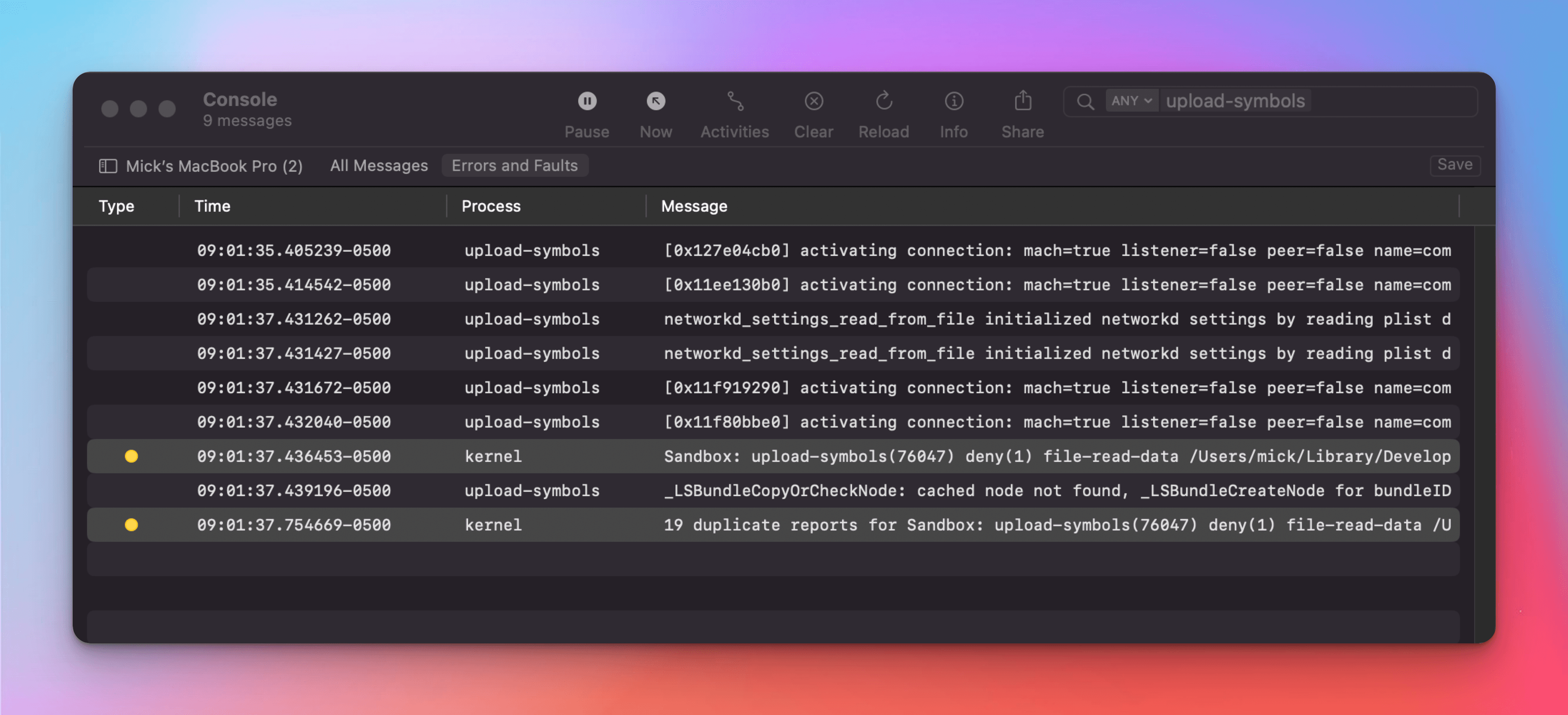 Console.app error screenshot showing permission denied